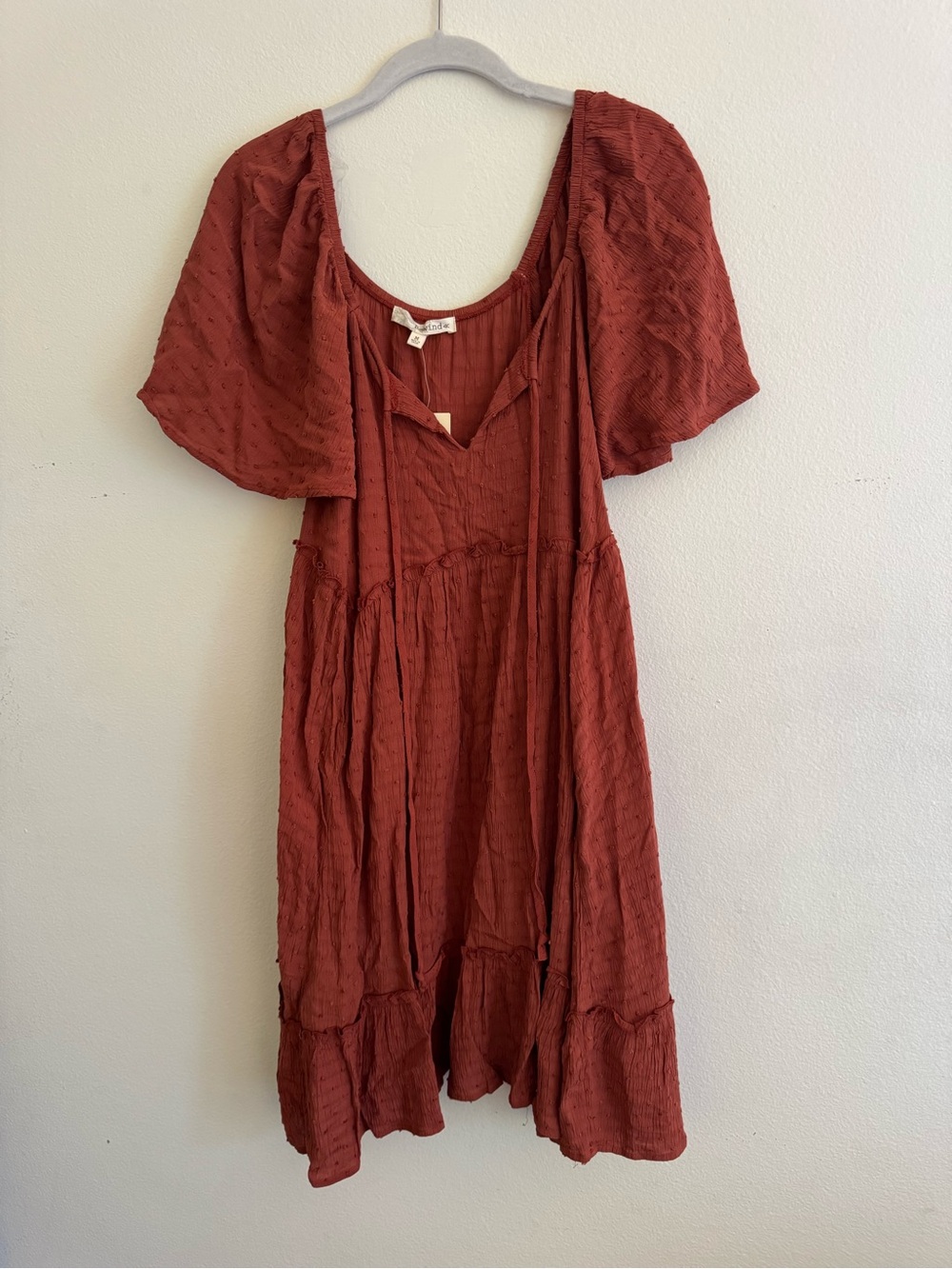 Rewind Rust Red Puff-Sleeve Tiered Midi Dress